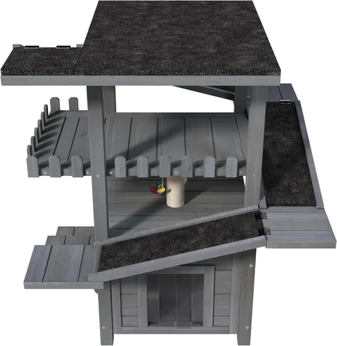 Vista 9 de 4-Tier Weatherproof Outdoor Cat House Tower - Waterproof Roof, 2 Doors, Multi-Level Play Zones with Balcony, Solid Pine Scratching Posts, Safe &