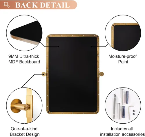 Vista 5 de Espejo giratorio Moon Mirror de oro cepillado, espejo inclinable de latón para tocador rectangular para baño, medidas totales 24.33 x 28 pulgadas