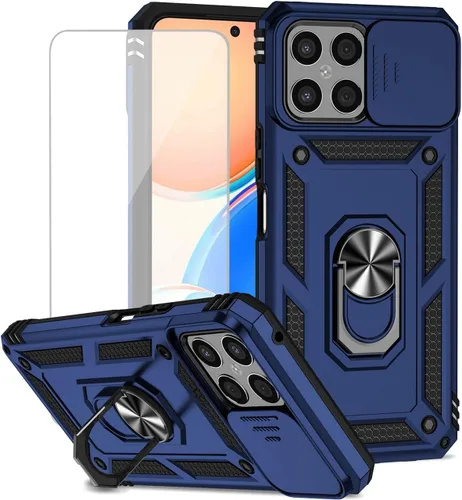 Funda para Honor X8 (no compatible con X8 5G) TFY-LX1 con protector de pantalla de vidrio templado y cubierta de cámara deslizante, anillo magnético