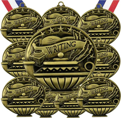 Vista 16 de Express Medals Pack of 10 (or More) Engraved Scholastic Academic Award Medals with RWB Neck Ribbons