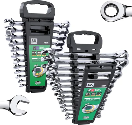 SK Juego de llaves de trinquete, juego de llaves combinadas, 25 piezas, SAE 1/4" a 1", métrica 8 a 19 mm, 72 dientes, construcción premium CR-V, con