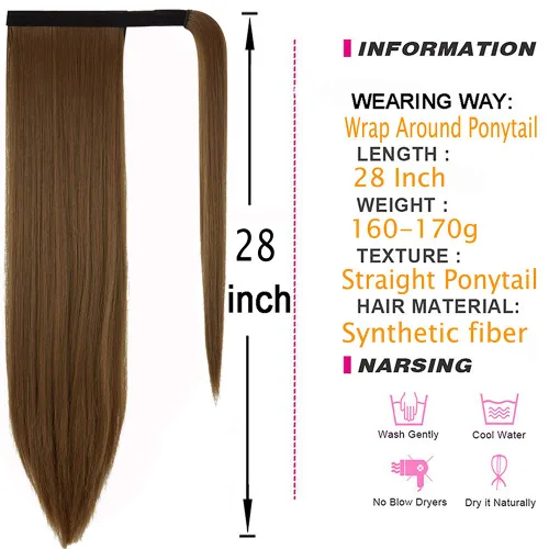 Vista 2 de Extensión de cola de caballo con clip, extensiones de cabello lacio envolvente para mujer (28 pulgadas, marrón castaño claro)