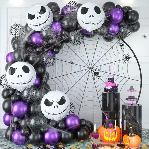 Vista 9 de Kit de guirnalda de arco de globos de Halloween con globos de araña grande, negro mate, verde lima, morado, globos de látex metálicos con globos