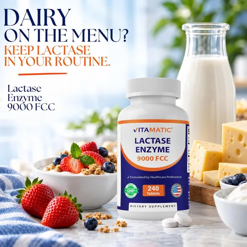 Vista 4 de Vitamatic Enzima de lactasa 9000 FCC 240 comprimidos - Caplets de alivio para la intolerancia a la lactosa