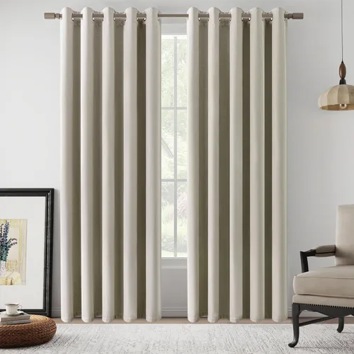 Vista 50 de Cortinas de Lino Beige con Bloqueo Total de Luz de 64 Pulgadas de Largo, Lino Sintético Texturizado con Bloqueo de Calor y Aislamiento Térmico