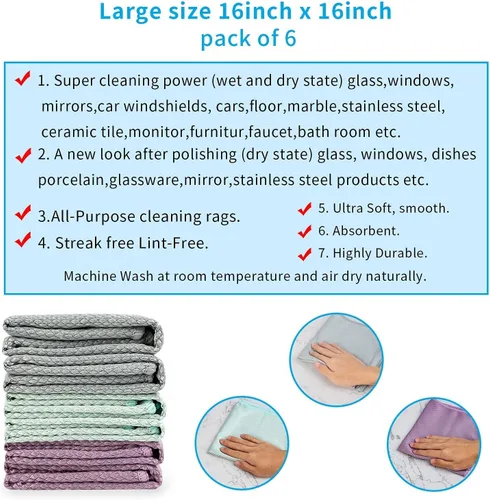 Vista 6 de Paños de limpieza de vidrio de microfibra Espejos de ventanas y parabrisas de automóviles sin rayas Paño de limpieza de pulido de vidrio Trapos