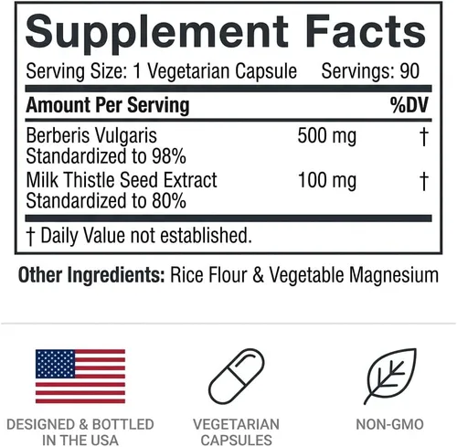 Vista 5 de Blue Organix Berberina con cardo mariano 500 mg Fórmula HCL Complejo Suplemento con silimarina para una mejor absorción, 90 cápsulas vegetarianas, 1
