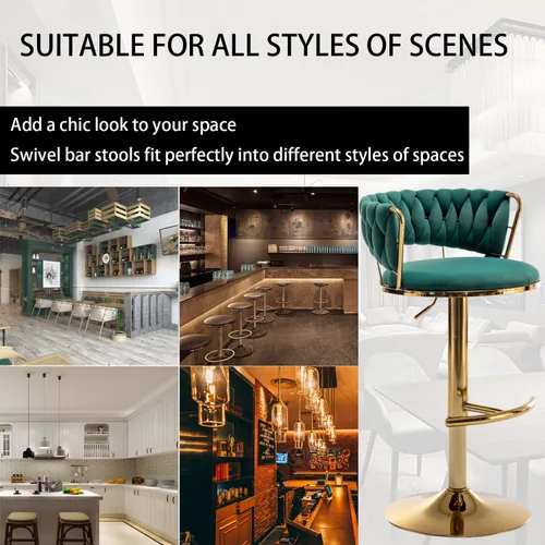 Vista 7 de Juego de 4 taburetes de bar de terciopelo dorado, taburetes de bar con respaldo bajo, taburete de bar giratorio para isla de cocina, pub (verde)