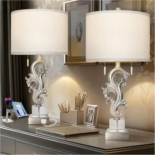 Vista 9 de Juego de 2 lámparas de mesa escultóricas para dormitorio, 26 pulgadas, lámparas de noche de casa de campo de hoja dorada para sala de estar