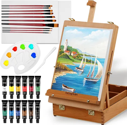 Vista 9 de Caballete de mesa de madera Falling in Art, caballete de escritorio de caja de bocetos de madera sólida para pintar, caballete de dibujo de arte