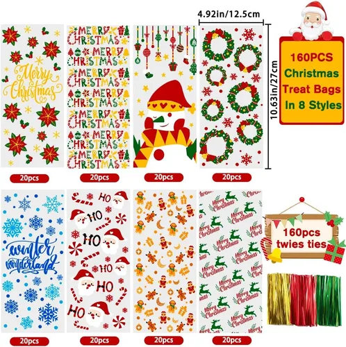Vista 4 de DULEFUN 160 bolsas de celofán de Navidad, 8 estilos, transparentes para dulces, galletas, golosinas, bolsas de celofán con lazos giratorios