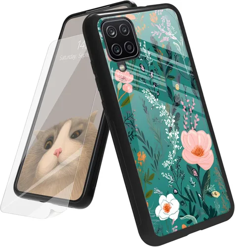 Vista 225 de Funda para Samsung Galaxy A12 5G con protector de pantalla, parte trasera de vidrio templado + TPU de silicona suave que absorbe los golpes
