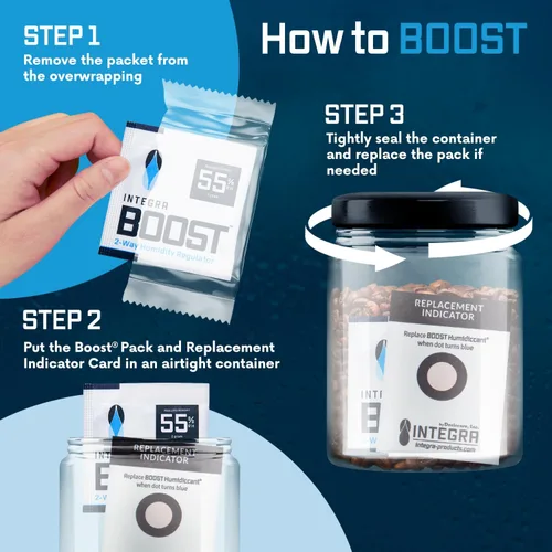 Vista 5 de Integra Boost - 55% de nivel de HR - Tamaño de 0.28 oz - Paquete de control de humedad bidireccional con tarjetas indicadoras de repuesto