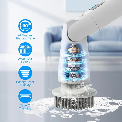 Vista 5 de Limpiador eléctrico giratorio, cepillo de limpieza inalámbrico con mango largo y 8 cabezales de cepillo IPX7 impermeable para baño para suelo