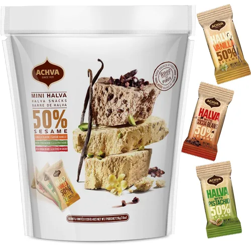 Halva Tahini Bar Mini Snacks – Surtido de 18 aperitivos israelíes Halvah de pistacho, vainilla y cacao en grano – Snacks veganos Kosher sin gluten