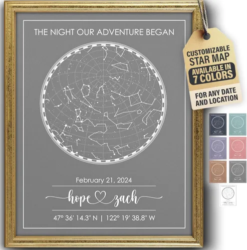 Vista 45 de Impresión artística personalizada de mapa de estrellas, totalmente personalizada (tus detalles, tamaño, color, marco), regalo para el día