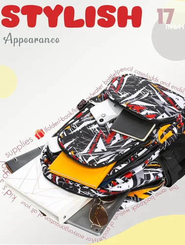 Vista 7 de BLUEFAIRY Mochila escolar para niños de regreso a la escuela, bolsa de libros, Negro Blanco, Triángulo