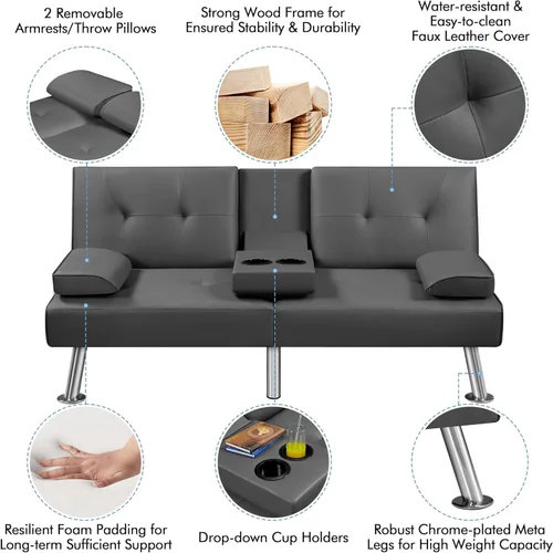 Vista 53 de Yaheetech Sofá biplaza cama, convertible, tela, ajustable, moderno, reclinable, reversible, plegable, reposabrazos extraíbles, portavasos, 3