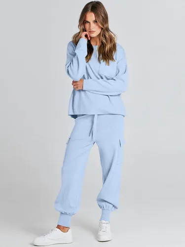 Vista 7 de Caracilia Conjunto de dos piezas para mujer, suéter de punto de manga larga y pantalones deportivos tipo cargo