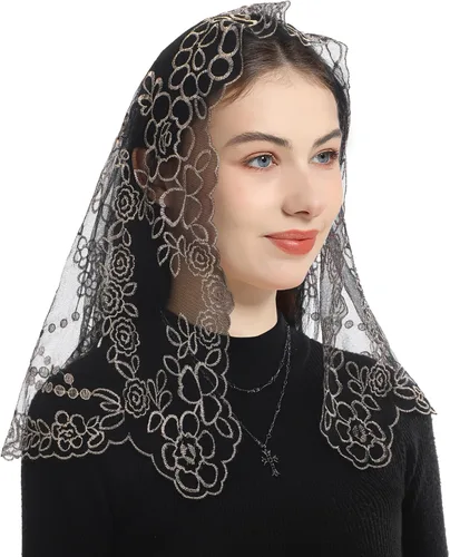 Vista 4 de Bozidol Velo de iglesia triangular tradicional - Estilo español con bordado del Santo Grial de Encaje Mantilla velo para mujer