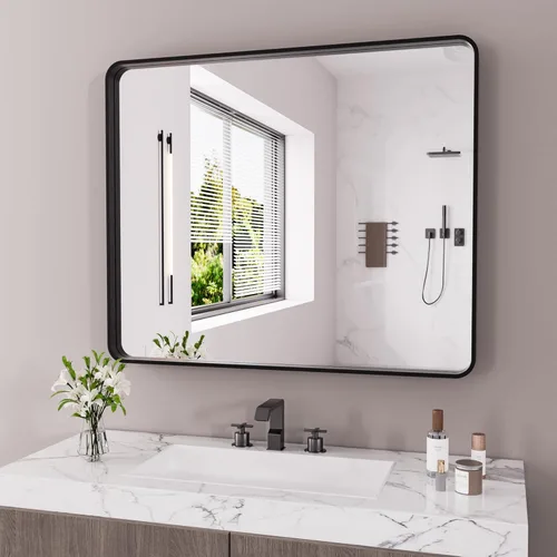 Vista 55 de JISOSO - Espejo de baño negro de 20x30 pulgadas con marco de metal negro, espejo de tocador rectangular redondeado con acabado mate para pared