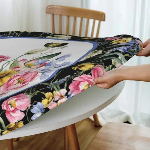 Vista 4 de Mantel redondo de flores de mariposa, ajustable, elástico, lavable, para cocina, comedor, picnic, fiesta, ajuste de mesa 40-44