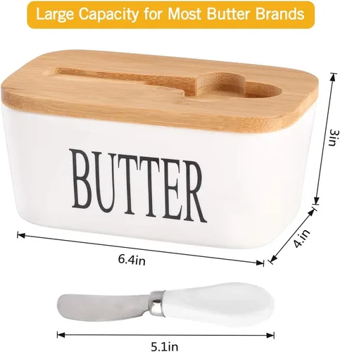 Vista 7 de Mantequillera de cerámica con tapa de madera, contenedor grande de mantequilla con esparcidor de cuchillo de acero inoxidable, cubierta de bambú