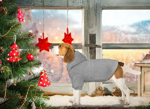 Vista 6 de Suéteres mullidos para perros grandes, ropa con capucha para mascotas, abrigos cálidos y suaves para mascotas, sudadera con capucha para perros Gris