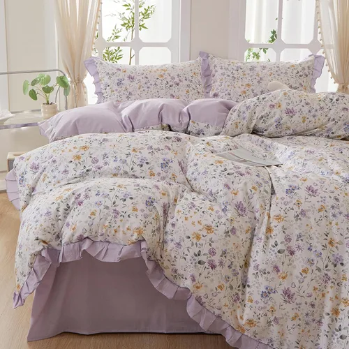 Vista 32 de Juego de funda de edredón blanca con estampado floral azul, juego de ropa de cama de algodón suave estilo bohemio, juego de ropa de cama estética