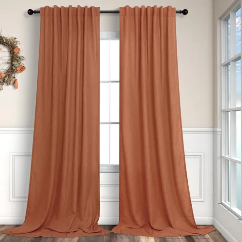Vista 23 de Cortinas de lino natural de 108 pulgadas de largo para sala de estar, juego de 2 paneles con bolsillo para cortinero y pestaña trasera, cortinas