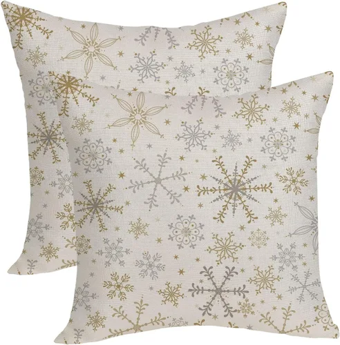 Fundas de Almohada Navideñas 18x18 Pulgadas Paquete de 2, Fundas de Cojines Decorativos Dorado Gris Copo de Nieve Fundas de Almohada Navideñas Copo