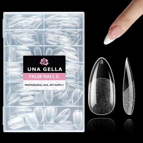 Vista 27 de UNA GELLA 216 puntas de uñas de almendra medianas, uñas postizas de gel preformadas para cobertura completa, uñas postizas francesas acrílicas