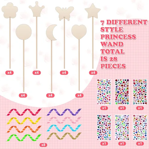 Vista 2 de Chumia El kit de 42 varitas de hadas de princesa incluye 28 varitas de madera de princesa, 6 calcomanías de gemas, 8 cintas, suministros de fiesta