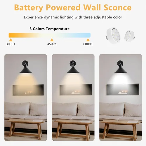 Vista 5 de Juego de 2 apliques de pared inalámbricos vintage negros a pilas, luces LED inalámbricas con control remoto, para dormitorio, casa de campo