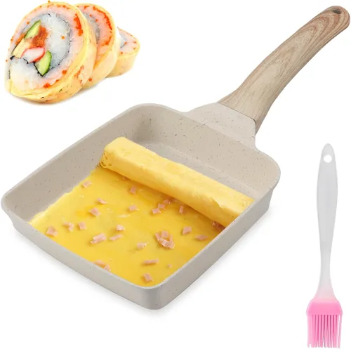 Japanese Tamagoyaki Pan - Nonstick Rectangle Omelette Maker With Silicone Brush & Detachable Anti-Scalding Handle - 7"x 5.9" (Beige, Pink)