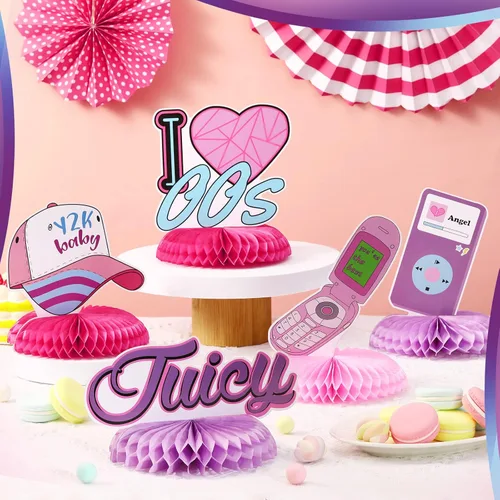 Vista 5 de 12 piezas de decoraciones de fiesta Y2k 2000, centros de mesa de panal de abejas de los años 00, decoración de mesa temática rosa para fiestas