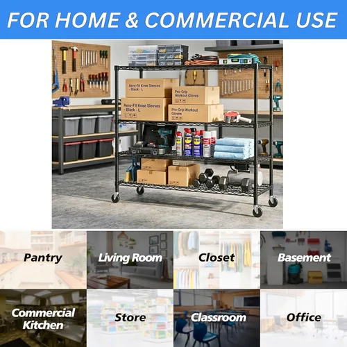 Vista 8 de 4-Tier Industrial Metal Display Rack, Heavy Duty Adjustable Shelving Unit with Locking Casters & Leveling Feet for Garage, Home, Retail, Black