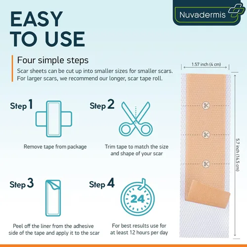 Vista 3 de Nuvadermis Paquete de hojas y cinta para cicatrices - Suministro para 60 días para un tratamiento integral de cicatrices