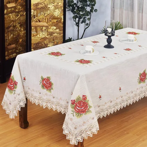 Vista 3 de LIN TONG Mantel rectangular, mantel de encaje bordado con flor, bordado elegante patrón floral para cocina, comedor, fiesta, decoración del hogar