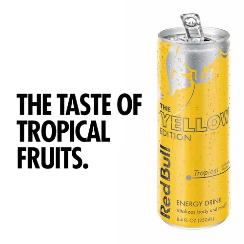 Vista 3 de Red Bull Yellow Edition - Bebidas energéticas tropicales y sin azúcar, 8.4 onzas líquidas, 24 latas (6 paquetes de 4)