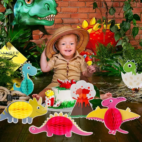 Vista 5 de Mocoosy 12 piezas de centro de mesa de panal de abeja para fiestas de dinosaurio, suministros de fiesta de cumpleaños de dinosaurio, decoración