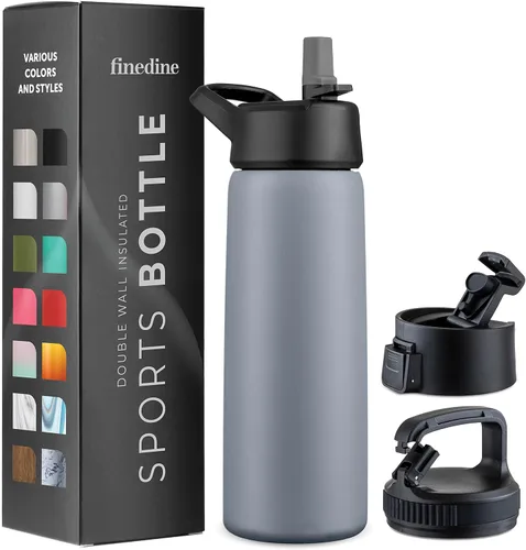 Vista 49 de FineDine Botellas de agua aisladas de triple pared con popote, botella de metal de acero inoxidable de 25 onzas con 3 tapas a prueba de fugas