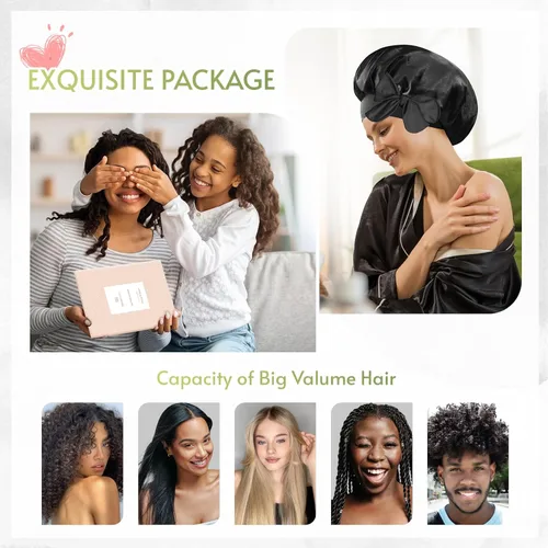 Vista 6 de BONNET QUEEN Gorro reversible de satén de seda para dormir, doble capa, ajustable, trenzas rizadas, peluca de cabello natural, banda para gorro