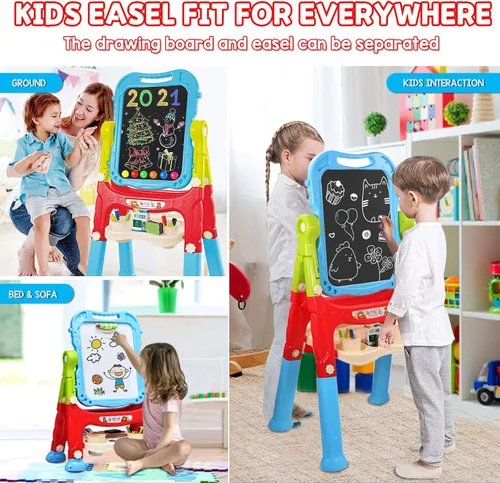 Vista 4 de Mojitodon Caballete para Niños, Caballete de Arte de Pie Giratorio de Doble Cara Ajustable con Accesorios de Pintura para Niños Pequeños, Niños