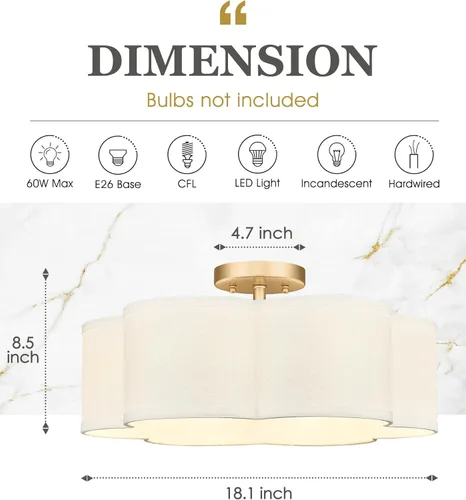 Vista 2 de Oro Lámparas de Techo de Montaje Semiempotrado, Lámparas de Techo de 6 Luces de 18 Pulgadas con Soporte de Tela en Forma de Flor, Iluminación