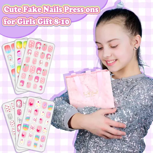 Vista 2 de 144 Piezas de Uñas Postizas a Presión para Niñas, Uñas Postizas para Niñas con Kit de Pegamento, Lindas Puntas de Uñas con Adhesivo de Uñas