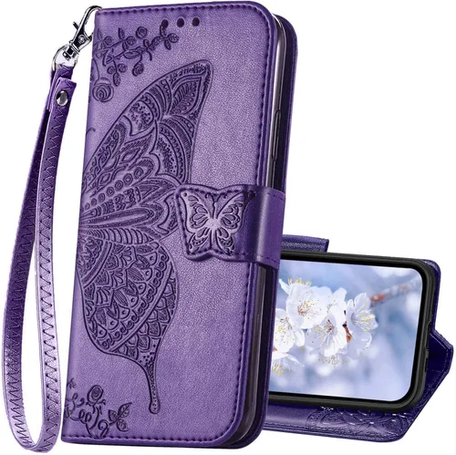Vista 9 de Funda tipo cartera compatible con iPhone 14 para mujer, diseño de mariposa en relieve, de piel sintética, con ranuras para tarjetas, soporte