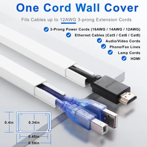 Vista 2 de Pared oculta de cable para un cable, cubiertas de cable de 136 pulgadas para cables en la pared, cubierta de cable de pared fácil de instalar, Blanco