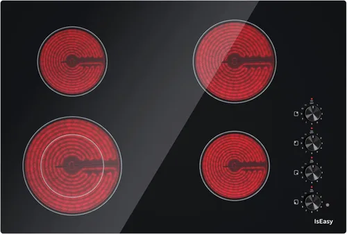 IsEasy 30-Inch Electric Cooktop, 4 Burners Built-In Ceramic Stove, Black Satin Glass with Knob Controls, 11 Power Levels/Timer/Child Safety Lock,