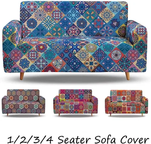 Vista 4 de Funda elástica para sofá con estampado bohemio, funda elástica para sofá floral con mandala, protector universal de muebles para sofás de 3 plazas